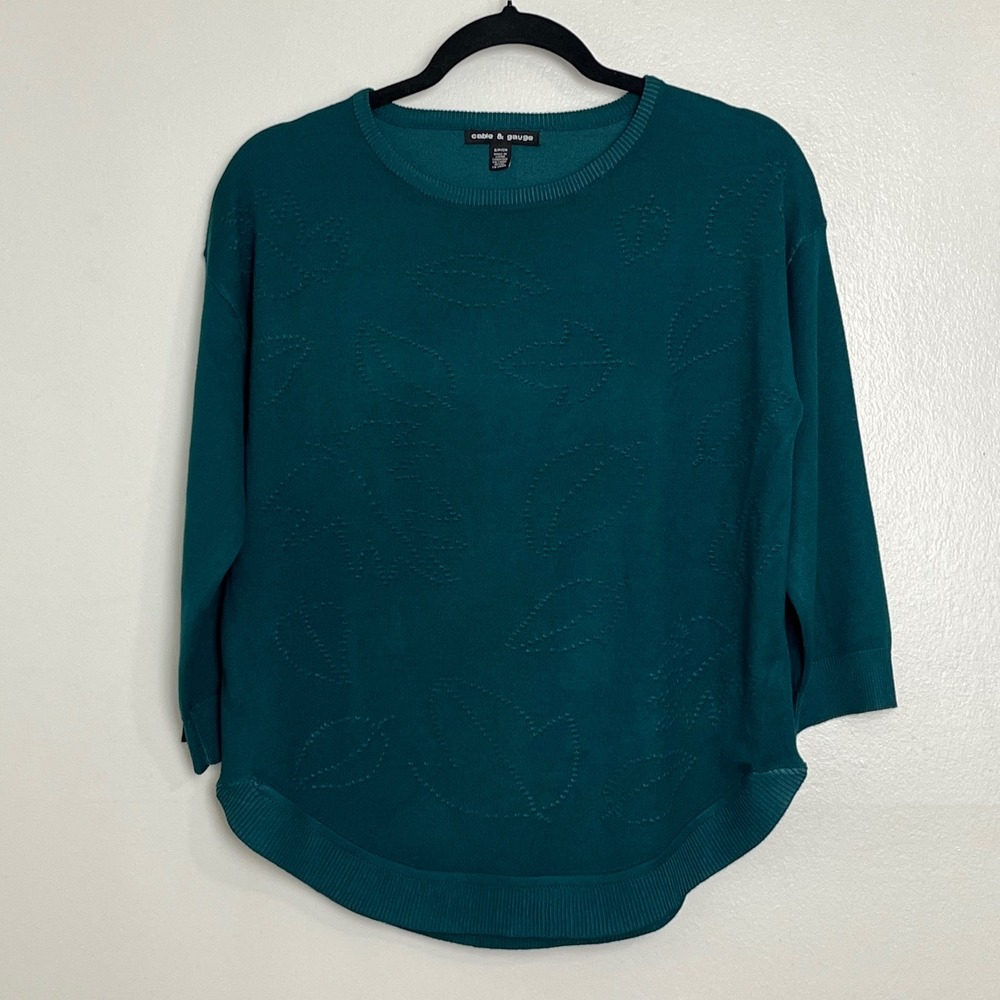 Cable & Gauge Small Teal Fall Green Leaf Pattern 3/4 Sleeve Pullover Sweater‎ S